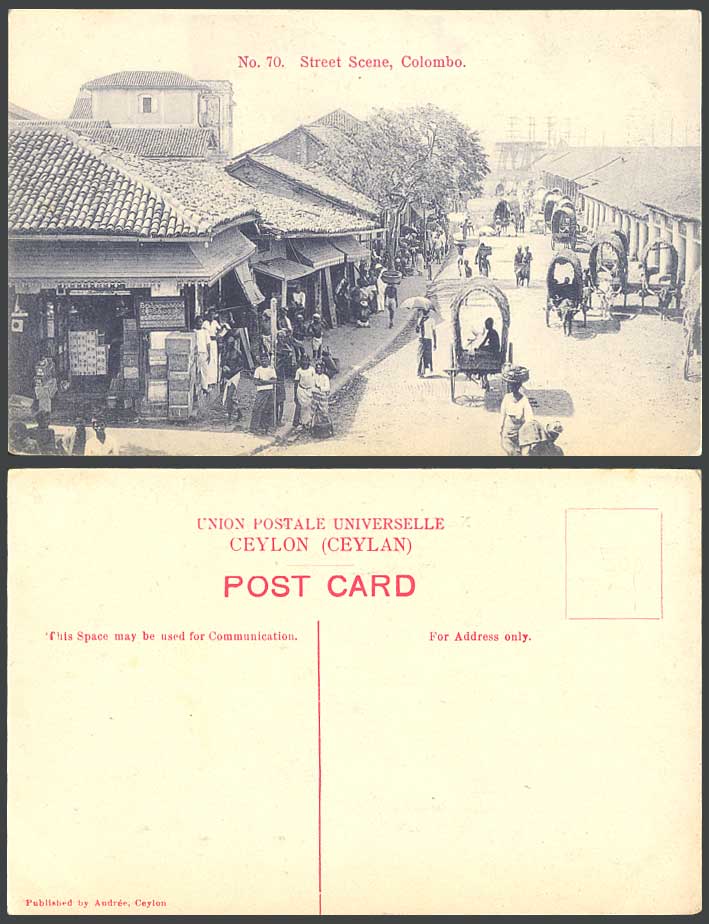 Ceylon Old Postcard Pettah Street Scene Bullock Carts Shop Shopfront Store No.70