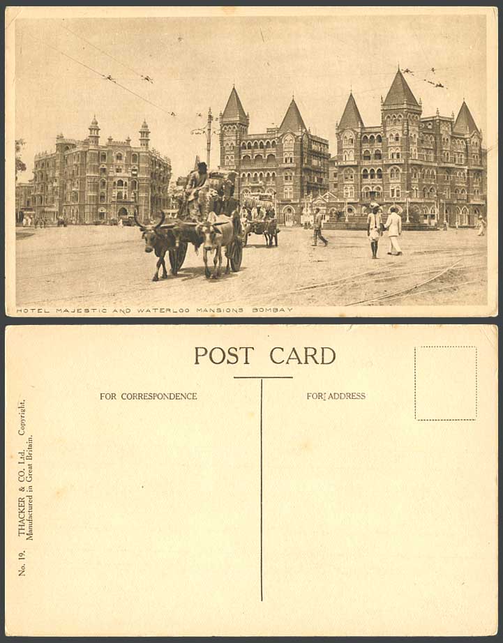 India Old Postcard Hotel Majestic & Waterloo Mansions Bombay Bullock Cart Street