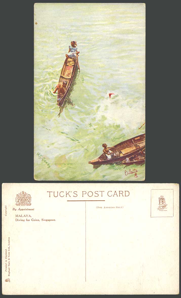 Malaya Diving For Coins Singapore Boat HG Gandy Artist Signed Old Tucks Postcard