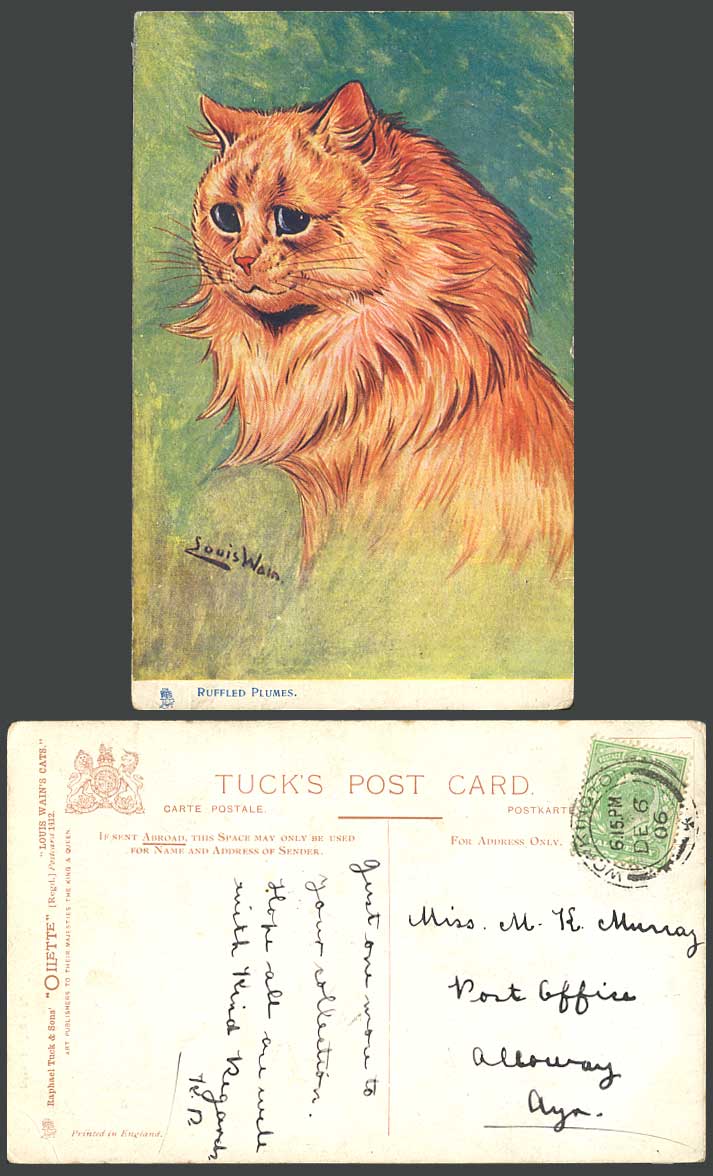 Louis Wain Artist Signed Cats Cat Kitten Ruffled Plumes 1906 Old Tuck's Postcard