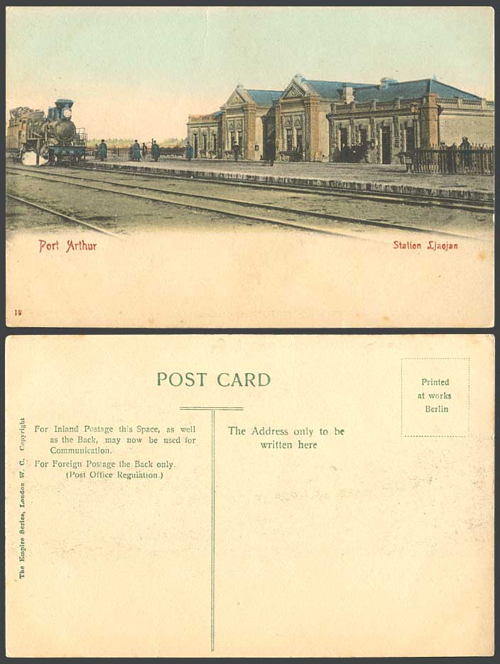 China Old Hand Tinted Postcard Port Arthur Locomotive Train Ljaojan Station Rail