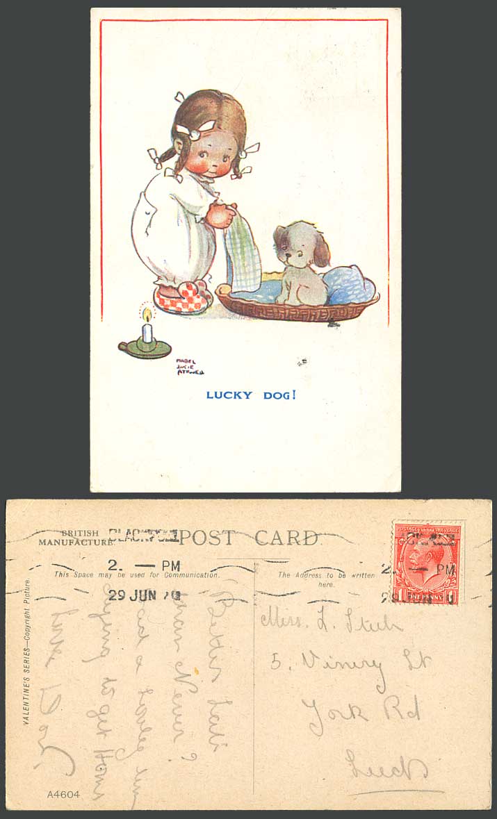 MABEL LUCIE ATTWELL 1920 Old Postcard LUCKY DOG! Puppy Little Girl Candle A4604