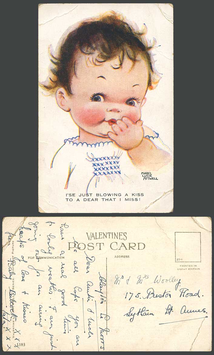 MABEL LUCIE ATTWELL Old Postcard Just Blowing a Kiss to a Dear That I Miss! 1183