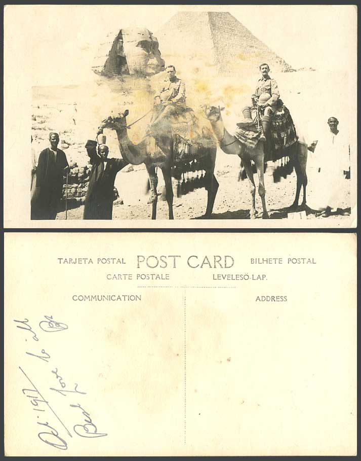 Egypt 1917 Old Real Photo Postcard Sphinx Pyramid WW1 Soldiers on Camels, Guides