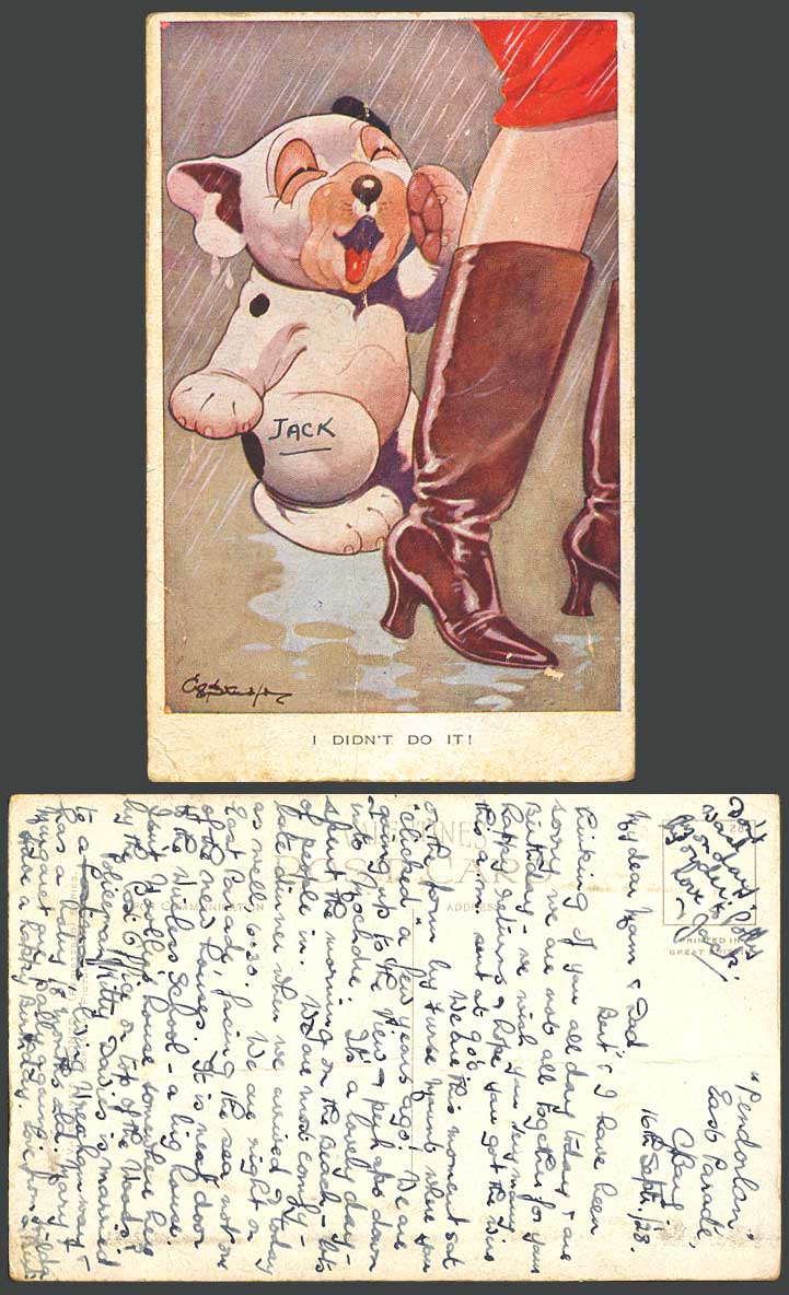 BONZO DOG GE Studdy 1928 Old Postcard I Didn't Do It! Rain Jack Puppy Boots 1265