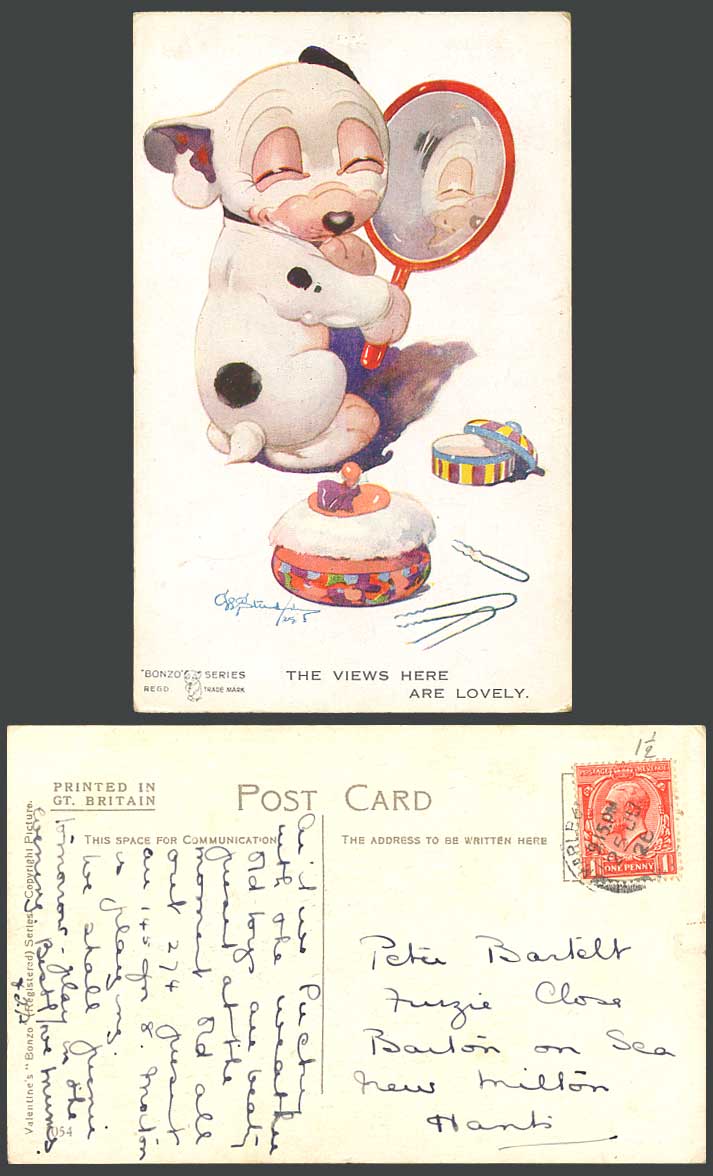 BONZO DOG GE Studdy 1926 Old Postcard The Views Here Are Lovely Mirror Pins 1054