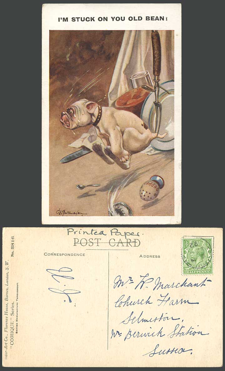 BONZO DOG GE Studdy 1922 Old Postcard I'm Stuck on U Old Bean, Puppy Pepper 3816