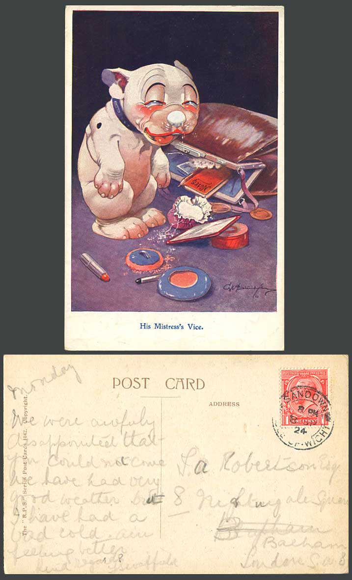 BONZO DOG G.E. Studdy 1924 Old Postcard His Mistress's Vice Powder Puff No. 1042