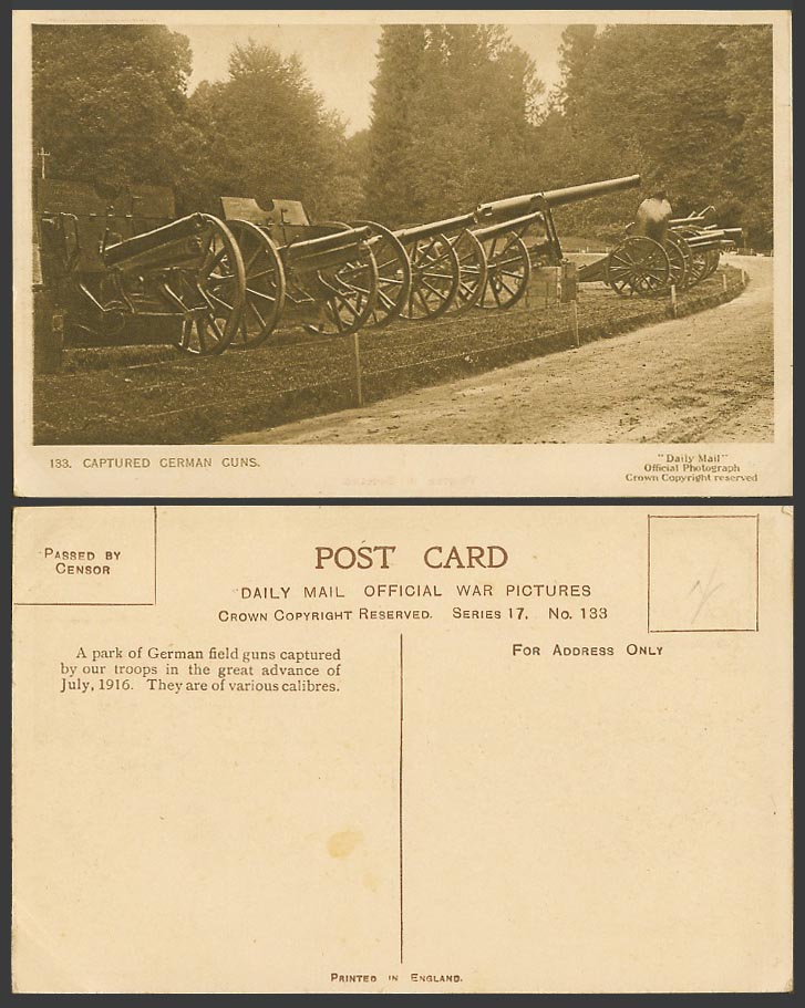 WW1 Daily Mail Old Postcard Captured German Field Guns - Great Advance July 1916