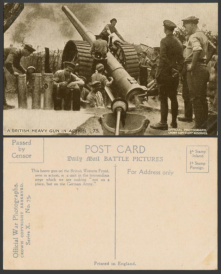 WW1 Daily Mail Old Postcard A British Heavy Gun in Action Soldiers on West Front