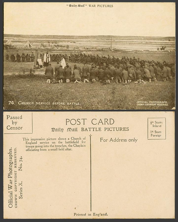 WW1 Daily Mail Old Postcard Church of England Service Before Battle Battle-field