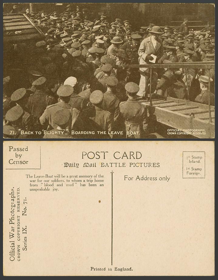 WW1 Daily Mail Old Postcard BACK TO BLIGHTY, Ladies Soldiers Boarding Leave Boat