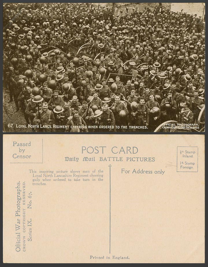 WW1 Daily Mail Old Postcard Loyal North Lancs Regiment Cheering When to Trenches