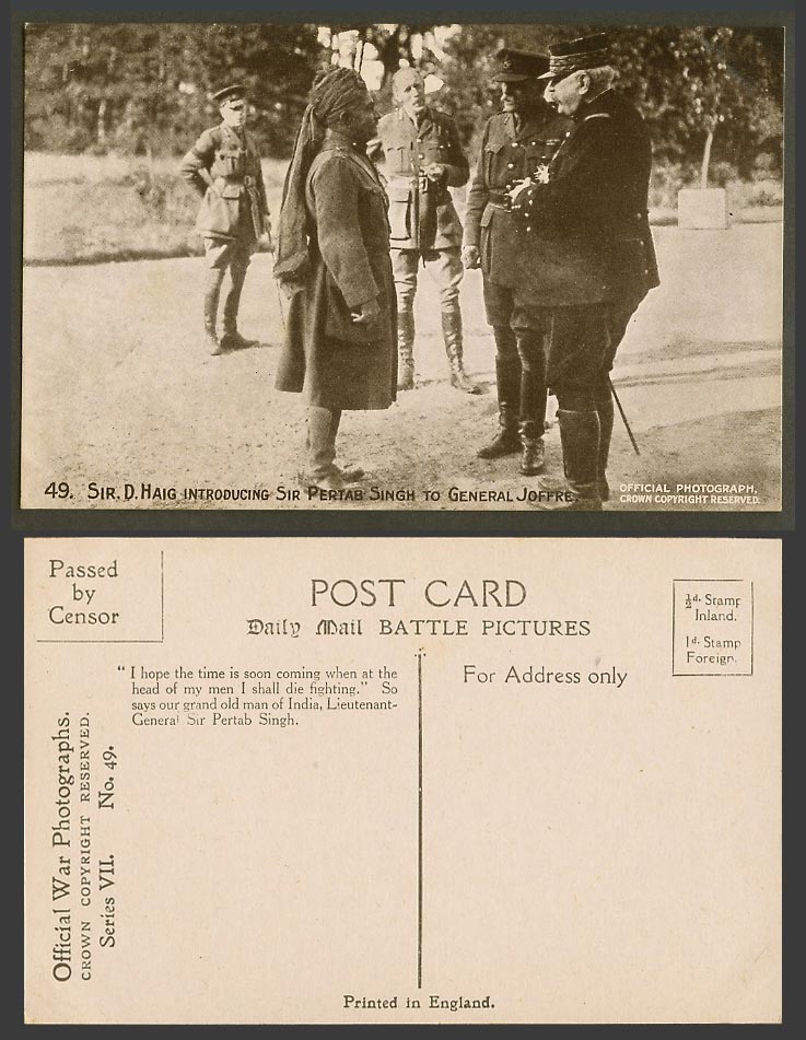 WW1 Daily Mail Old Postcard Sir D. Haig Introduce Pertab Singh to General Joffre