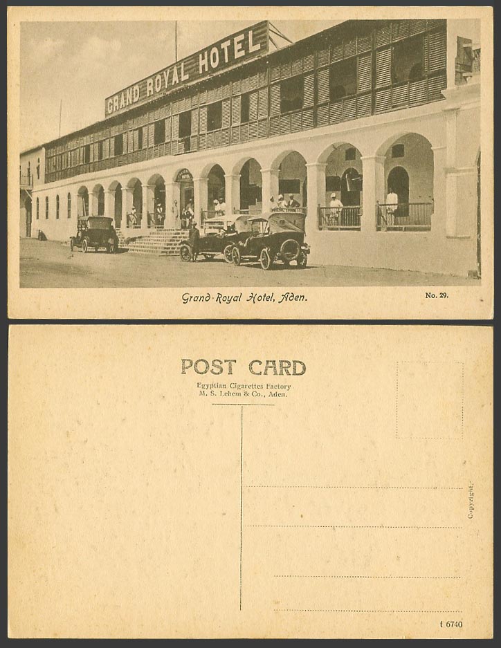Aden Grand Royal Hotel Street Scene Vintage Motor Cars Steps Old Postcard No. 29