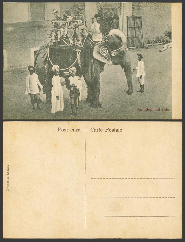India Old Postcard Men and Children Little Boys on Chair Top of An Elephant Ride