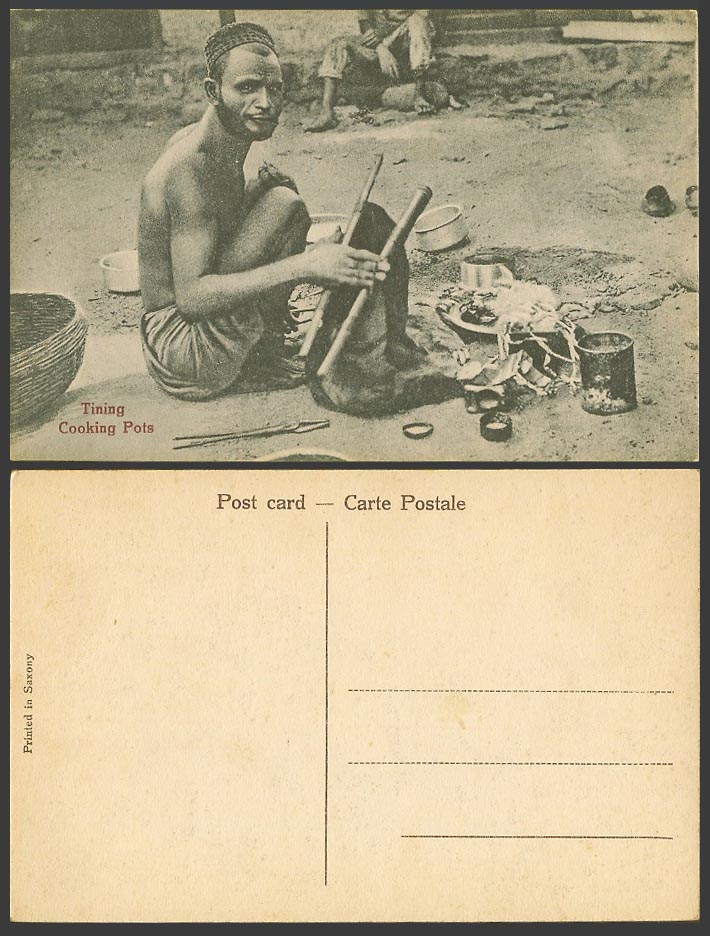 India Old Postcard Tining Cooking Pots and Utensils, Native Indian Man at Work