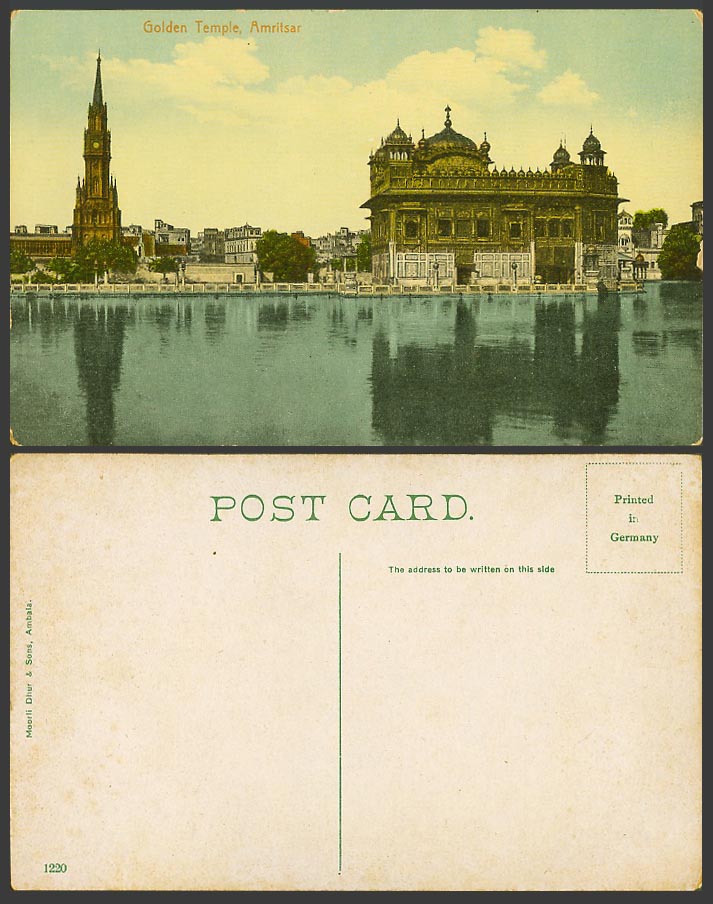 India Old Colour Postcard GOLDEN TEMPLE AMRITSAR Bridge Lake Clock Tower, Punjab
