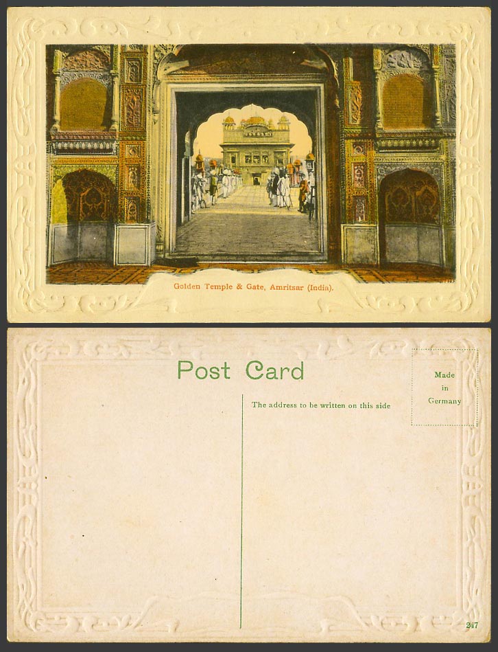India Old Colour Embossed Postcard Golden Temple Entrance Gate, Amritsar, Bridge