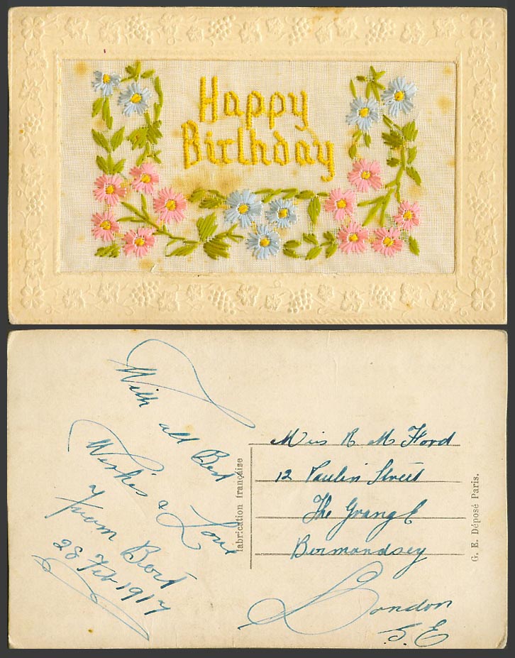 WW1 SILK Embroidered 1917 Old Postcard Happy Birthday Flowers, Novelty Greetings