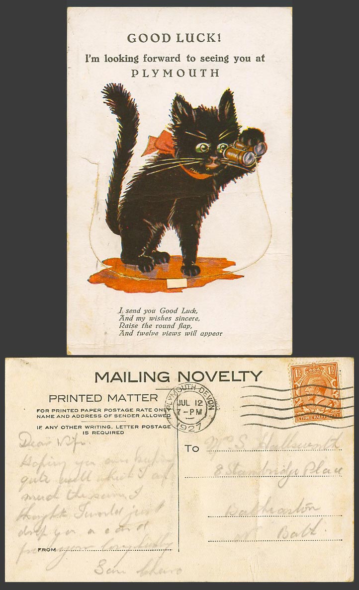 Black Cat Kitten Binoculars Good Luck! Seeing You at Plymouth 1927 Old Postcard