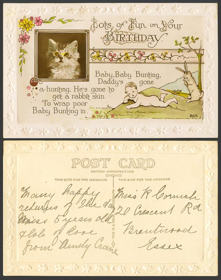 Cat Kitten Rabbit Baby Child, Lots of Fun on Your Birthday Old Embossed Postcard