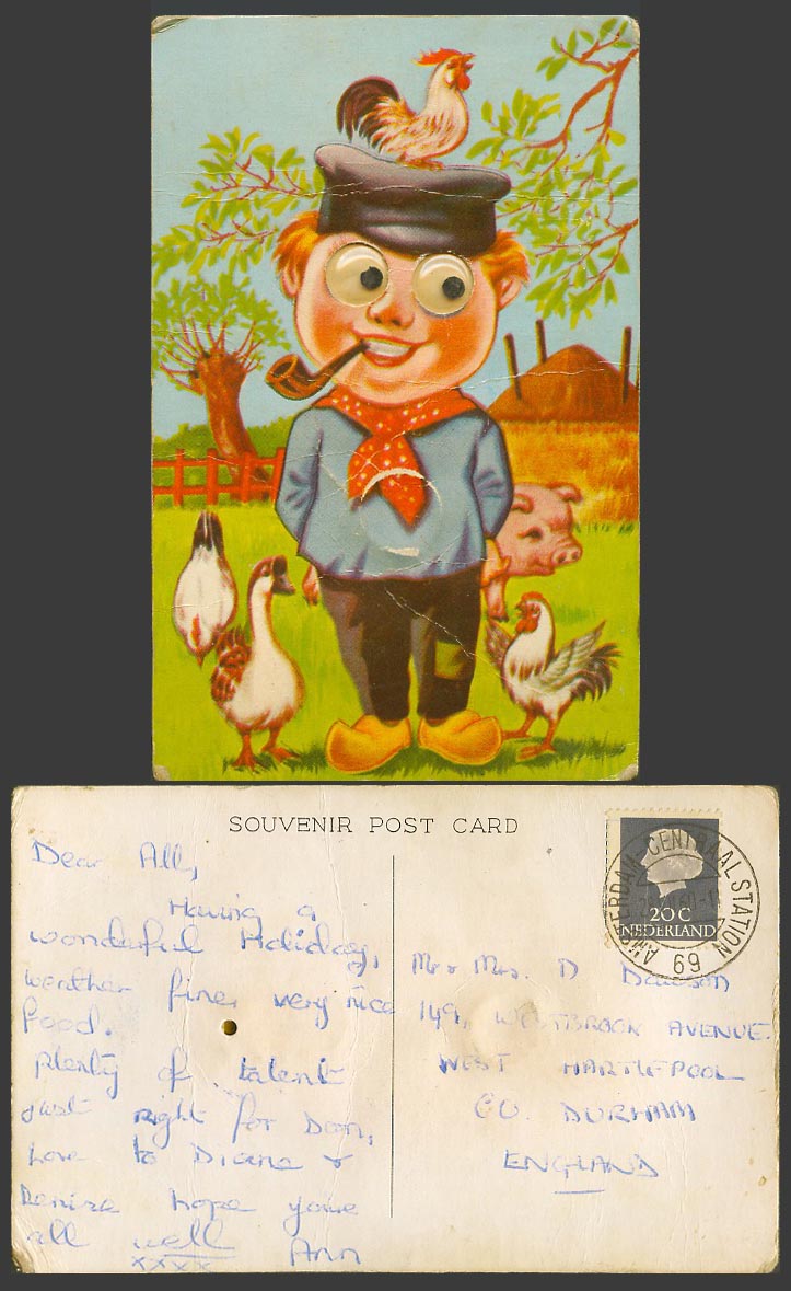 Man Rolling Eyes & Squeaking Squeaker Pig Roosters Goose Birds 1969 Old Postcard