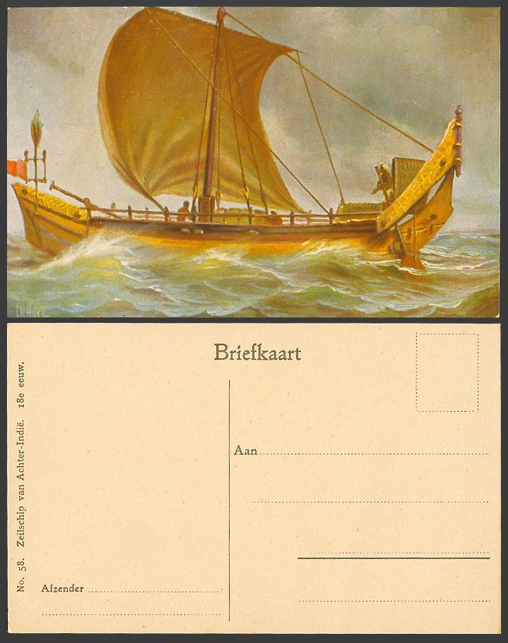 Chr. Rave Artist Signed Old Postcard Sailing Ship of Achter-Indie, 18th Century