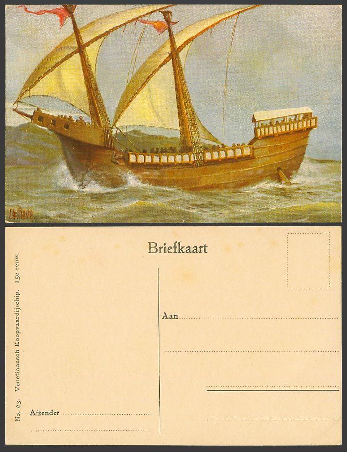 Chr Rave Artist Signed Old ART Postcard Venetian Merchant Ship Boat 15th Century