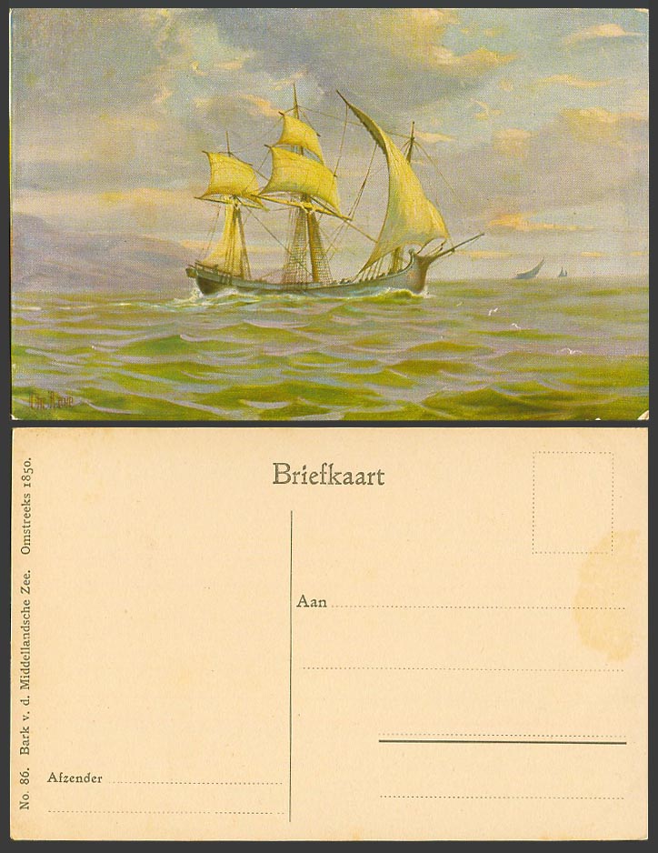 Chr. Rave Artist Signed Old Postcard Bark v.d. Mediterranean 1850, Schooner Ship