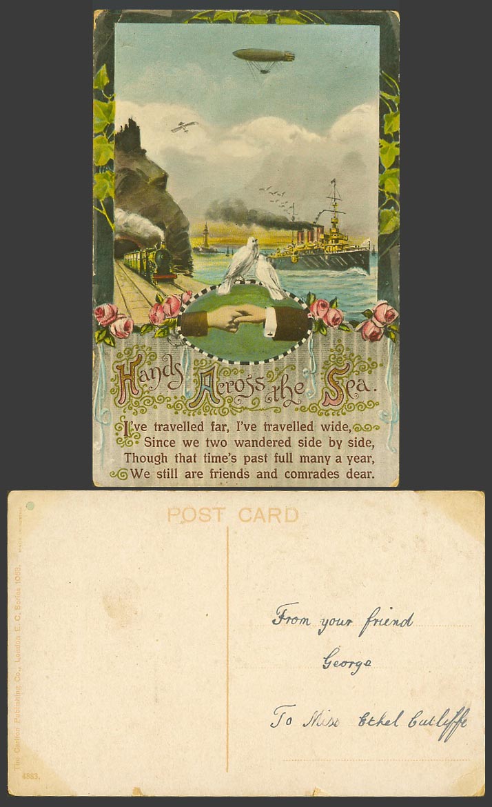 Hands Across The Sea, Zeppelin Warship Locomotive Train, Lighthouse Old Postcard