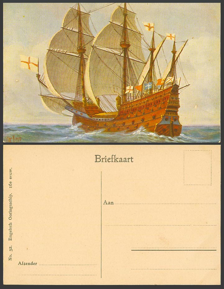 Chr. Rave Artist Signed Old Postcard English Warship 16th century Sailing Vessel
