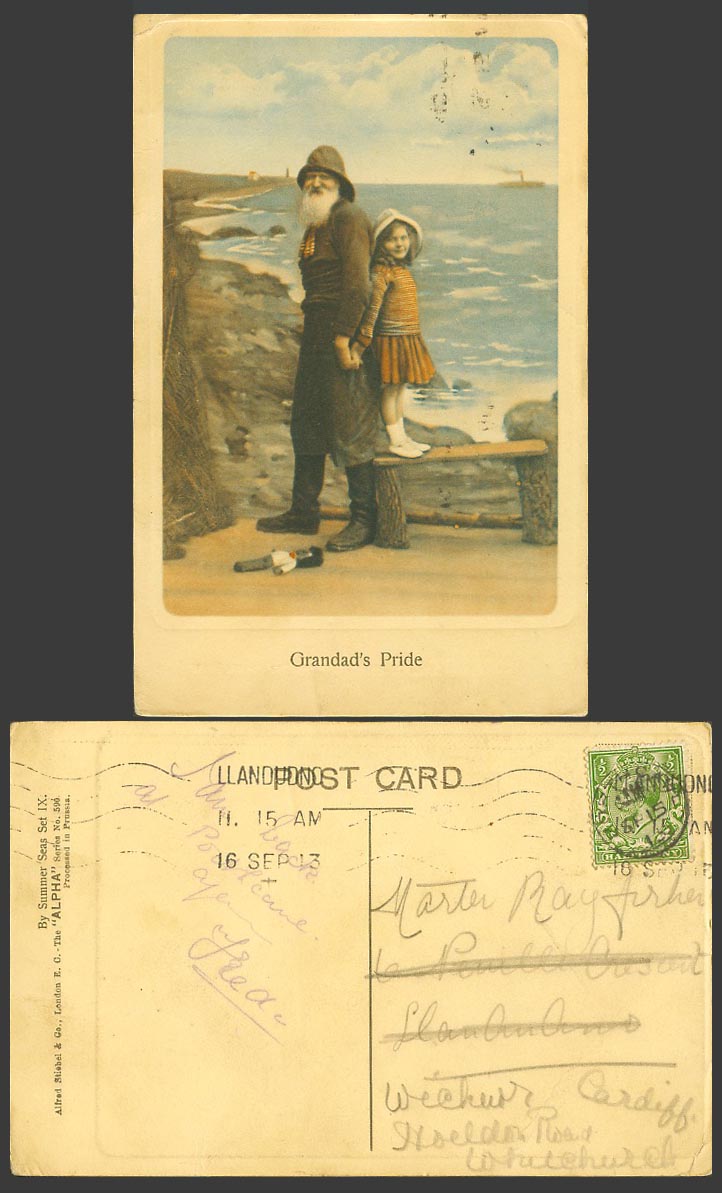 Fisherman Girl, By Summer Seas Grandad's Pride, Seaside 1913 Old Colour Postcard