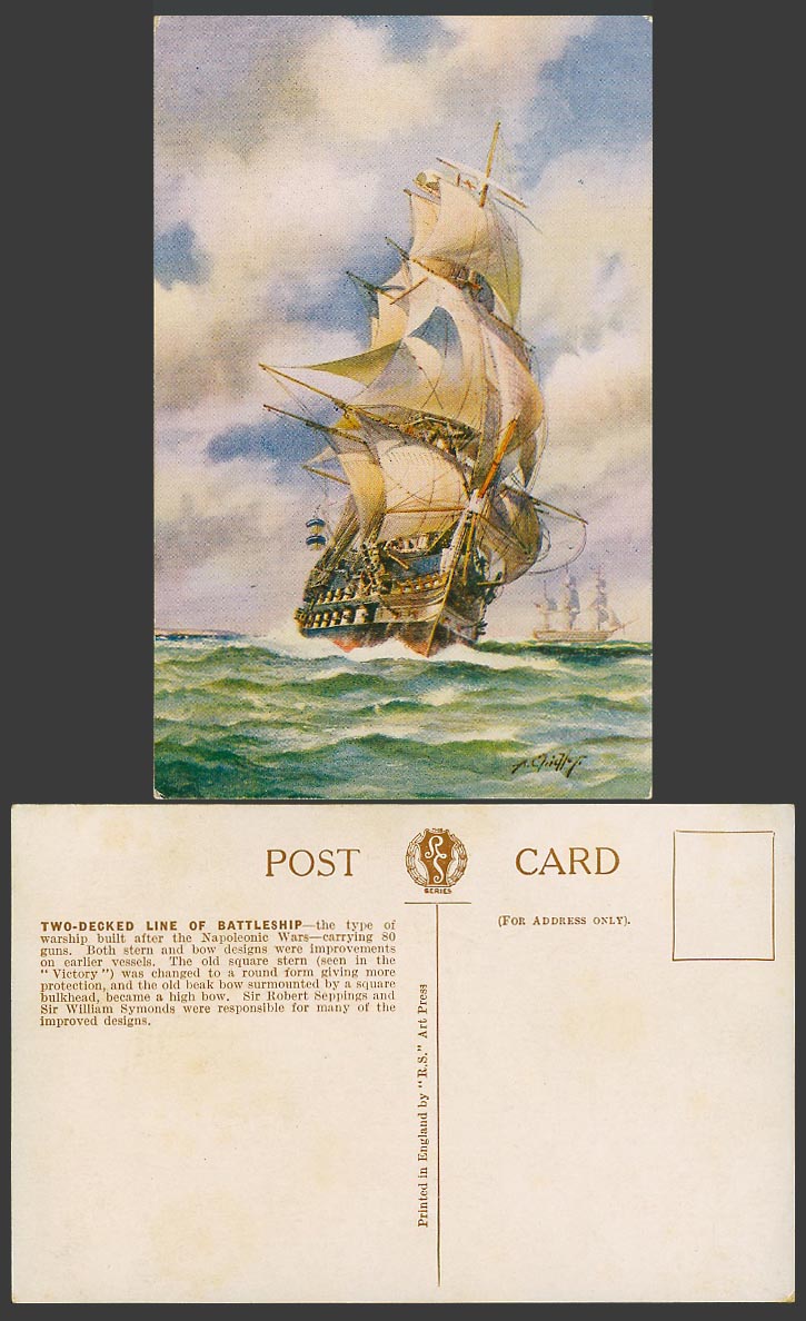Sailing Vessel Schooner Two-Decked Line of Battleship Artist Signed Old Postcard