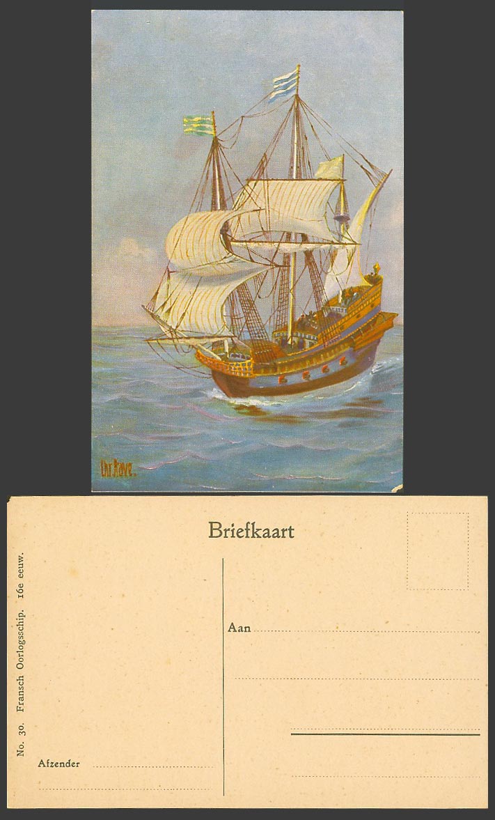 Chr. Rave Artist Signed Old Postcard French Warship, 16th century, Schooner Ship