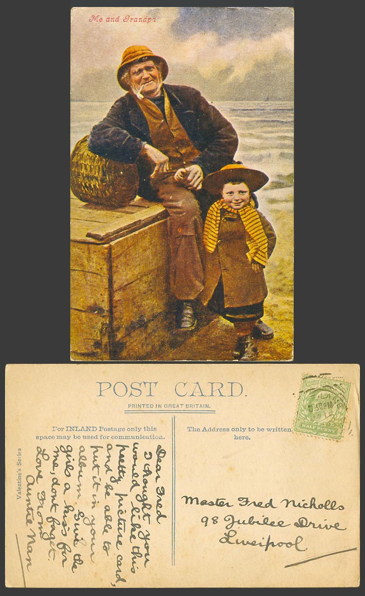 Fisherman Smoking Pipe Girl wears Scarf, Me and Grandpa 1909 Old Colour Postcard