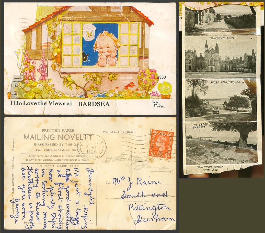 MABEL LUCIE ATTWELL 1952 Old Postcard Pullout Cat Love the Views at Bardsea 1860