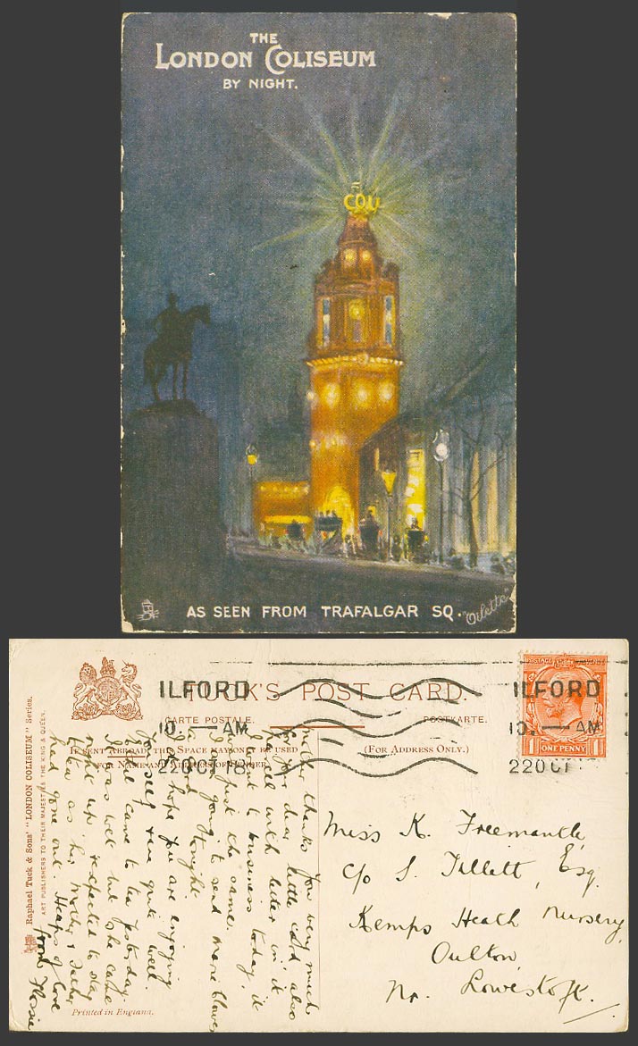 London The Coliseum by Night 1918 Old Tuck's Postcard Street, Horse Rider Statue