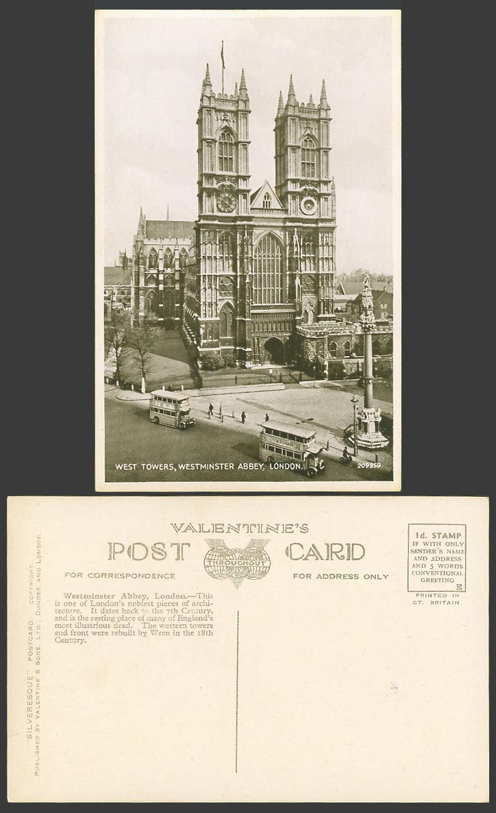 London Old Postcard Westminster Abbey West Towers Street Scene Clock Early Buses