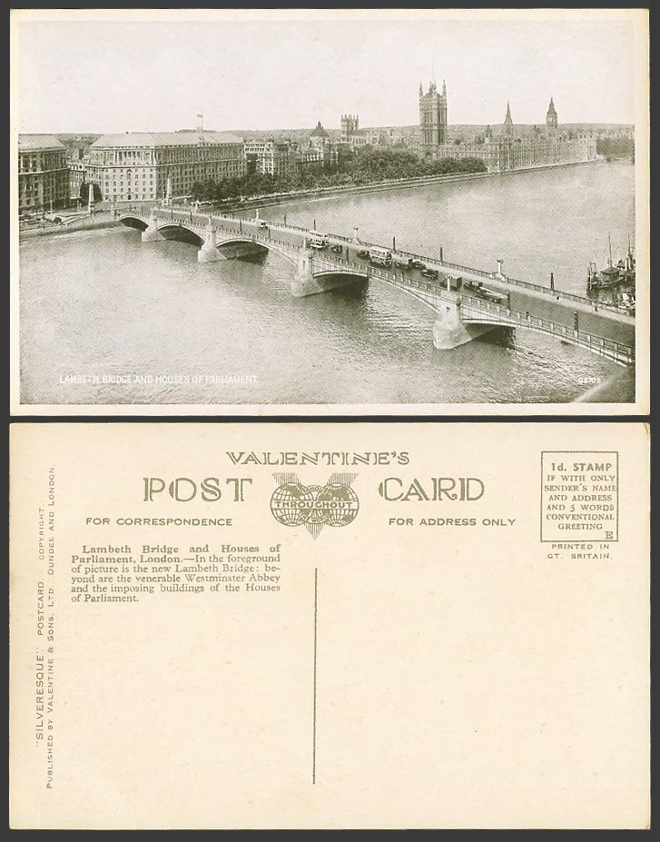 London Old Postcard Lambeth Bridge and Houses of Parliament, Thames River Scene