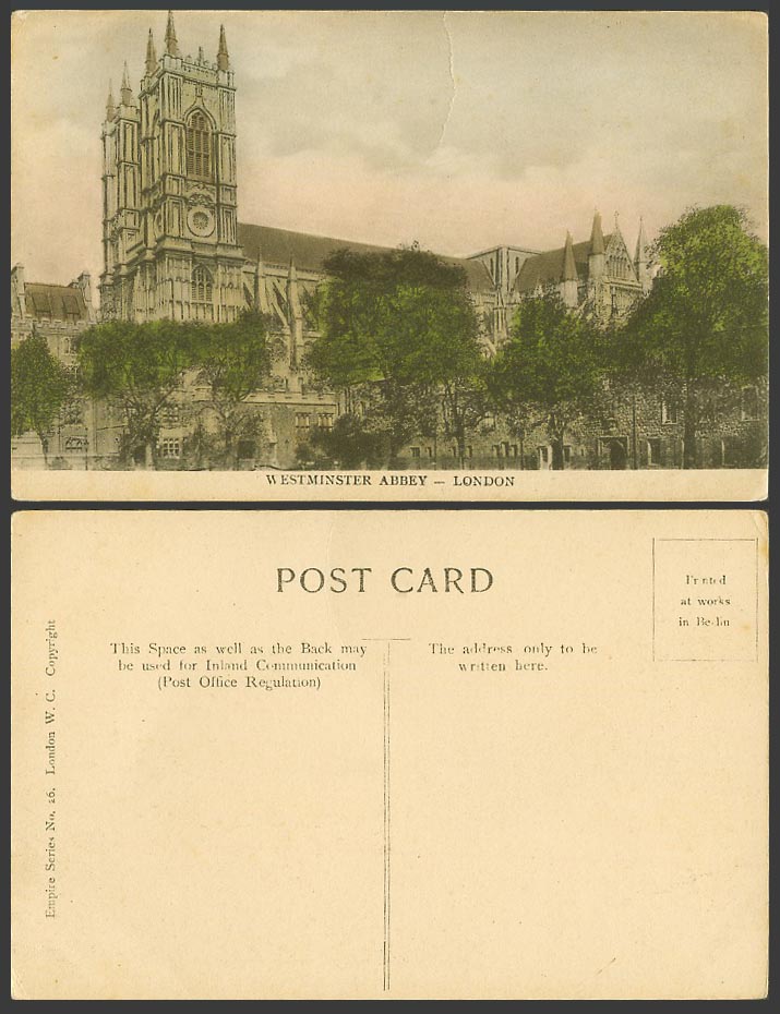London Old Hand Tinted Postcard WESTMINSTER ABBEY Church Cathedral Tower, Colour