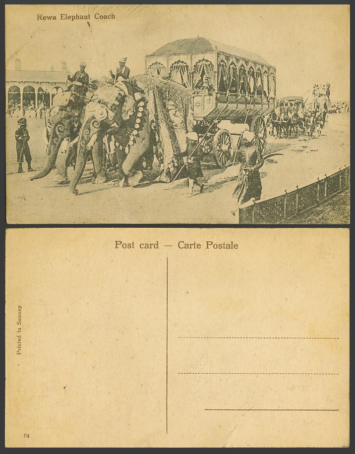 India Old Postcard REWA ELEPHANT COACH Decorated Elephants and Street Procession