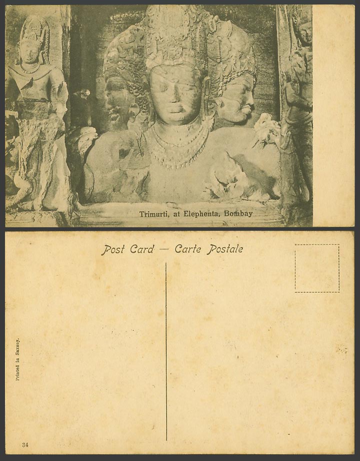 India Old Postcard Trimurti at Elephanta Bombay Cave Caves Temple Shrine, Buddha