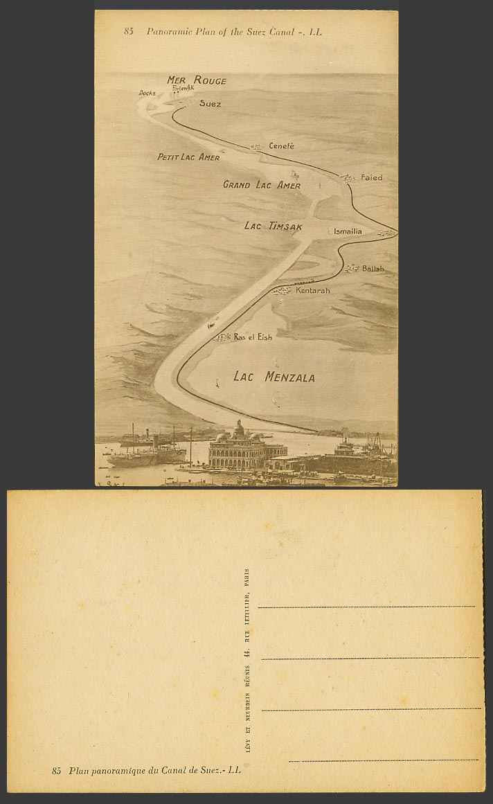 Egypt Old Postcard Suez Canal Panoramic Plan MAP, Mer Rouge, Lac Menzala L.L. 85