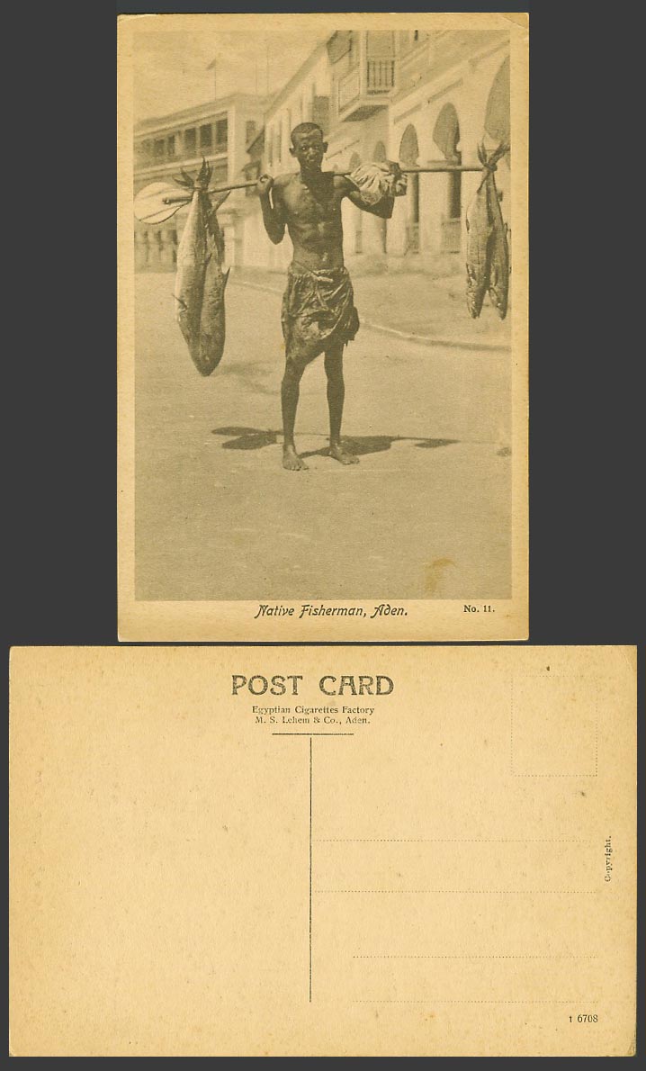 Aden Yemen Old Postcard Native Fisherman Carrying Big Fish Fishes, Shoulder Pole