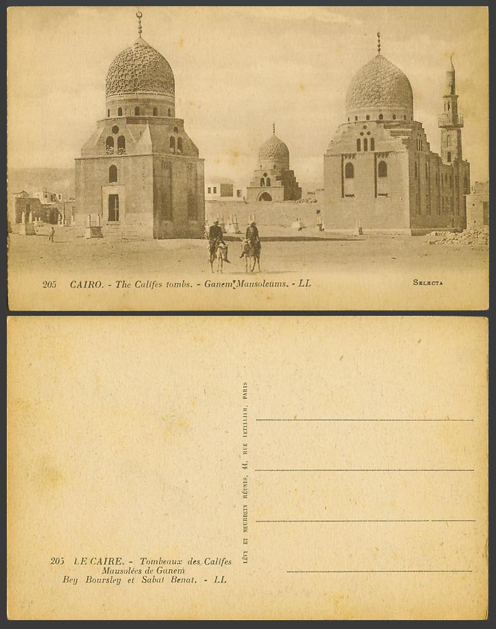 Egypt L.L. 205 Old Postcard Cairo, Califes Tombs, Ganem Mausoleums Donkey Riders