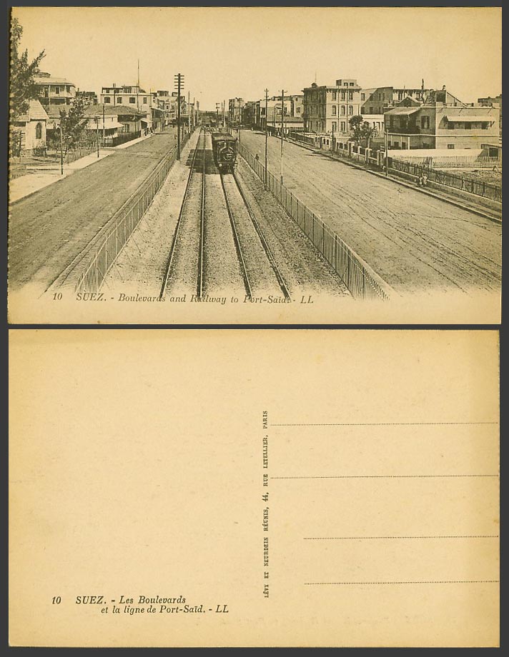 Egypt Old Postcard SUEZ Locomotive Steam Train to Port Said, Railway, Boulevards