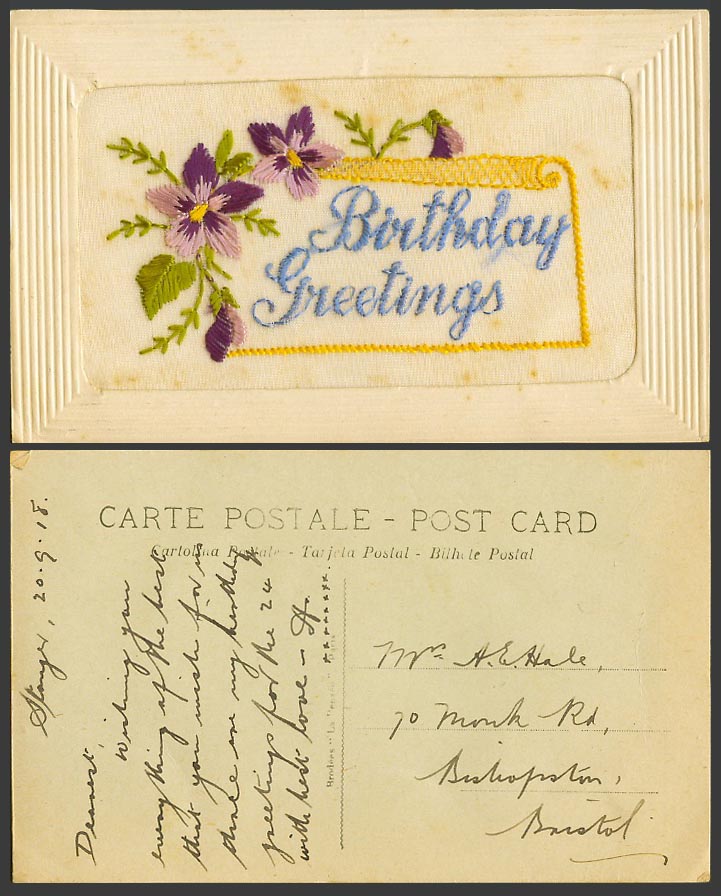WW1 SILK Embroidered 1918 Old Postcard Happy Birthday Flowers, Novelty Greetings