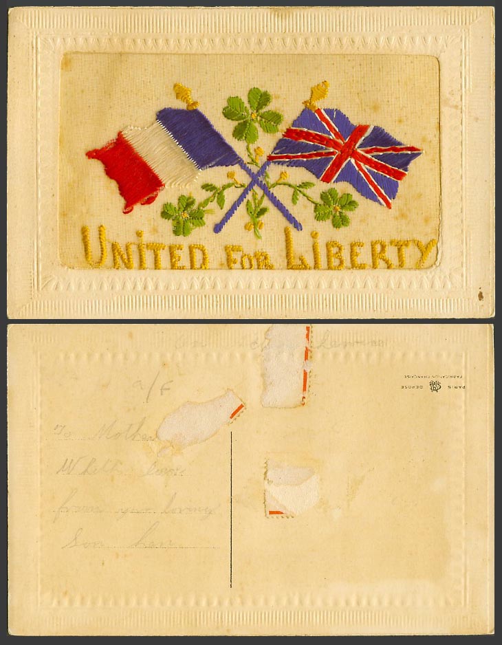 WW1 SILK Embroidered Old Postcard United for Liberty French & British Flag Flags