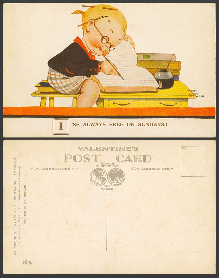 MABEL LUCIE ATTWELL Old Postcard I'se Always Free on Sundays - Girl Writing 1896